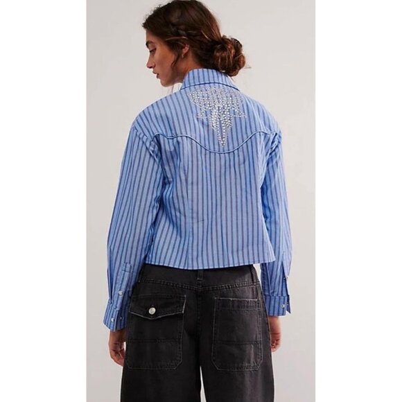 Free People X Understated Leather Western Embellished Button Down Shirt XS Blue - Picture 3 of 5